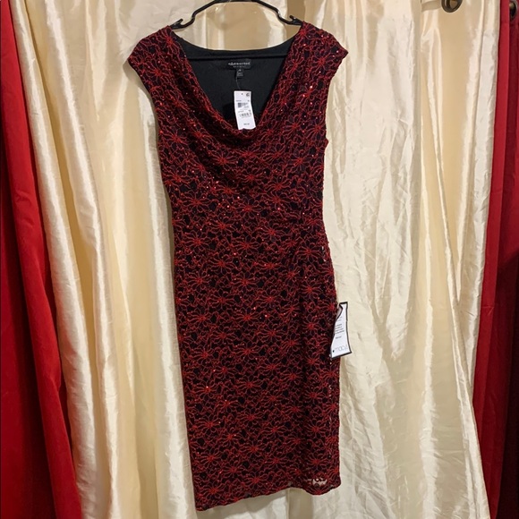 Adrianna Papell Black and Red Lace Midi Dress - Picture 1 of 9
